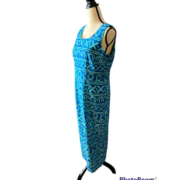 M.H.M Melissa Harper Maxi Dress in Blue and Blue Green Abstract Print Size 8 - Picture 2 of 6